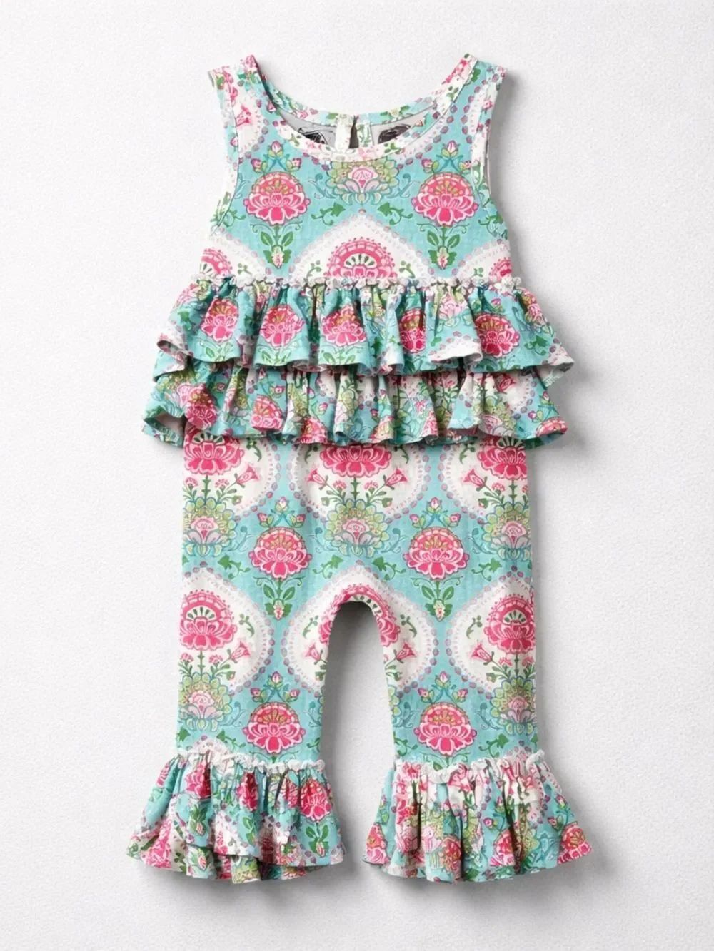 Mud Pie green and pink floral ruffle hem bamboo jumpsuit size 9-12 months